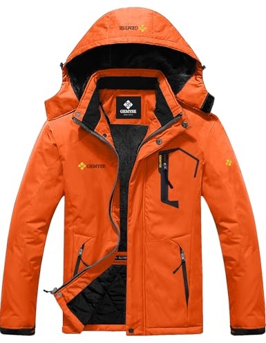 GEMYSE Herren Warme Skijacke Berg Winddicht Wasserdicht Atmungsaktiv Multi-Pocket Outdoor-Winterjacke mit Kapuze(Orange,M)