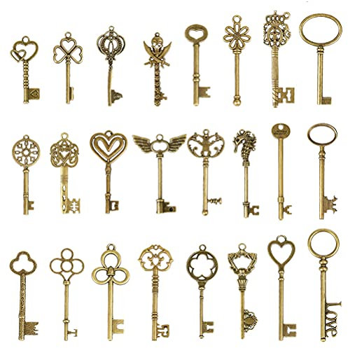 TIMESETL 24Pcs Clés Décoration en Bronze Clés Antiques Pendentif Clés Anciennes de Décoration Clés de Squelette en Métal Exquis Breloques Clés pour DIY Bracelets Colliers Porte-clés Pendentif, 5-9 MM