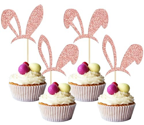 Gyufise 24Pcs Happy Easter Cupcake Toppers Rose Gold Glitter Bunny Ear Cake Toppers Decorations For Bunny Easter Theme Spring Birthday Babyshower Party Decorations