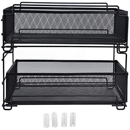 Cajón Organizador de Cesta de Gabinete Deslizante de 2 Niveles, Estante de Almacenamiento Apilable Debajo del Fregadero para Cocina, Baño, Oficina, Hierro, Negro