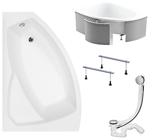 KOLMAN Badewanne RIMA Eckbadewanne 160x100 Links mit Styroporverkleidung, Ablaufgarnitur und Füßen Komplettset 4in1 Premium Original Acryl Wanne Siphon