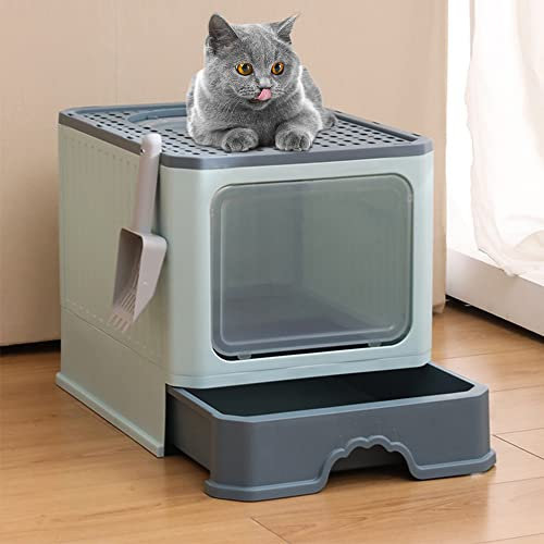 Bandeja para gatos grande para gatos con tapa, gran bandeja de arena plegable con cajón y pala, WC para gatos (verde oscuro, 50 x 35 x 38 cm)