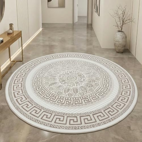 CARPETIA Teppich Rund Orientmuster Creme Beige mit Glanzeffekt Ø 160 cm | Pflegeleicht, strapazierfähig und schmutzabweisend, OEKO-TEX geprüft, für Fußbodenheizung, mit Glanzeffekt