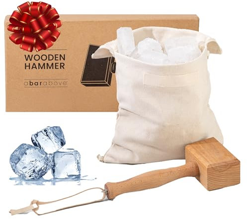 A Bar Above Maillet à glace en bois et sac Lewis – Comprend un broyeur à glace manuel extra large et un sac Lewis en toile de qualité professionnelle – Marteau à glace et sac à glace pour barman –
