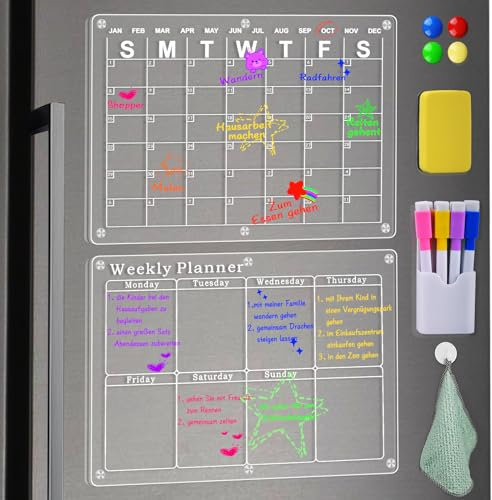 2pcs Acryl Kalender für Kühlschrank,40x30cm Monatsplaner Abwischbar,Transparente Transparent Weekly Planner mit 8 Markers und Schwamm,Wochenplaner Magnetisch für Menüplanung Und Einkaufsliste