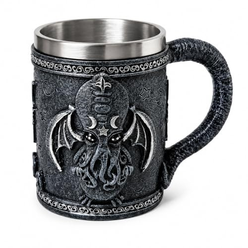 Gothic Fantasy Beer Stein 400ml with Stainless Steel Liner, Resin Tankard for Coffee Tea Beer, Decorative Monster Mug with Sculpted Handle, Medieval Style Drink Cup for Gaming Room Home Bar
