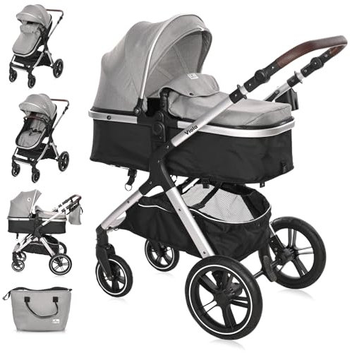 Lorelli Viola Kinderwagen 2 in 1, Umwandelbar in Sportsitz, Baby Kombikinderwagen bis 22kg, Zusammenklappbar, Große Gummireifen, Großer Einkaufskorb, Warmer Fußsack, PU Leder, Organizer Tasche, Grau
