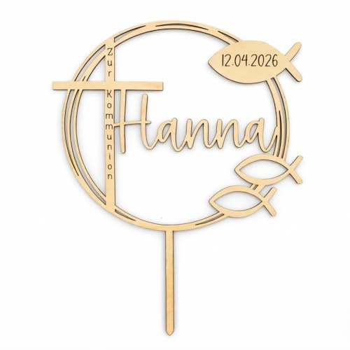 Birdart Box® Taufe, Konfirmation, Kommunion Tortenstecker mit Namen – personalisierter Tortenstecker aus umweltfreundlichem Holz, stabiler Cake Topper 15cm Durchmesser (Holz Natur)