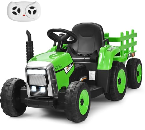 RajoNN Ride on Tractor and Trailer, 12V Battery Powered Electric Kids Toy Car with Remote Control, LED Lights, USB & Bluetooth Music, Four Wheels Ride on Toys for Children Ages 3+(Green)