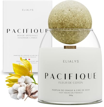 ELIALYS Bougie Parfumée Artisanale au Parfum de Grasse, FLEUR DE COTON, Mèche en Bois Crépitante - PACIFIQUE, 350g, ±70 heures de combustion, Fabriquée en France - Parfum Intense & Longue durée