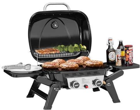 Grills House 2-Burner Portable Propane Gas Grill with Foldable Side Tables and Legs, Outdoor Tabletop Gas Grill with Warming Rack for Travel, Picnic, Tailgate, Camping, Black, GT2005-SC