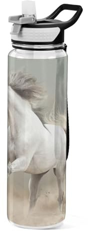 Mnsruu Transparente Sport-Wasserflasche mit Strohhalm, auslaufsichere Trinkflasche, weißes Pferd, Fahrradflaschen für Sport, Büro, Schule, BPA-freier Tritan-Kunststoff, 1 Liter