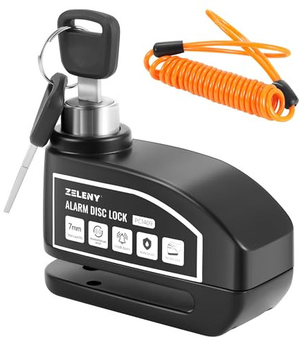 ZELENY Alarm Disc Lock Motorbike Lock, Disc Brake Lock 110dB 7mm Pin, Accessories with Reminder Cable and Carry Pouch, High Security Disc Brake Lock for Motorbike Bike Moped (Black)