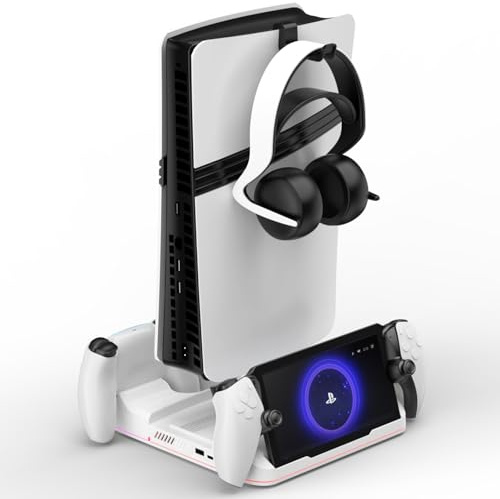 Aceshop PS5/PS5 Slim/PS5 Pro Ständer, PS Portal Ladestation Vertikaler PS5/PS5 Slim/PS5 Pro Lüfter Ständer Kühlstation PS5 Standfuß mit Dual-Controller-Ladung, Headset Halterung (Disc & Digital)