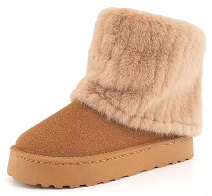 Kvinnor Faux Fur Mid Calf Snow Boots Varma Mocka Vinterstövlar Med Lurvigt Foder Och Halkfri Sula