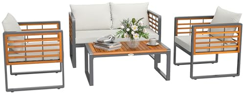 Outsunny Akazienholz Gartenmöbel Set Sitzgruppe für 4 Personen Gartenlounge mit 2er Sofa 2 Sessel Kissen Beistelltisch im Lamellendesign Outdoor Balkonmöbel Terrassenmöbel für Garten Balkon Beige