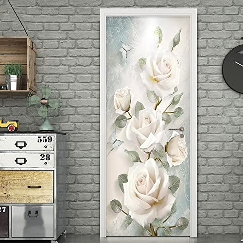 PVC Wasserdicht Türposter Türfolie 90x200 cm Romantische WeißE Rose Selbstklebend Türaufkleber Weiß Türdekoration TürTapete Für Schlafzimmer Wohnzimmer Badezimmer