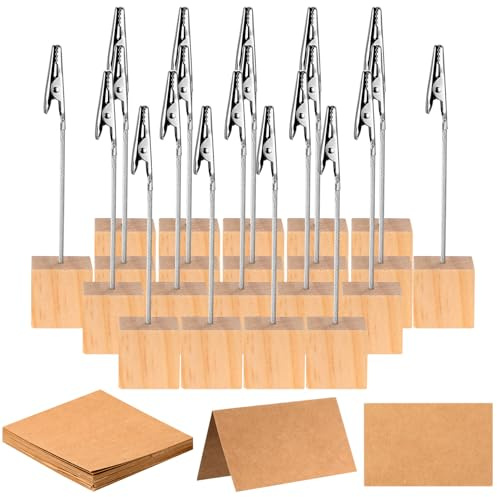 21 Wood Place Card Holders with Alligator Clip,Photo Holders for Tables,Photo Clips for Table Number Stand Memo Holder Clip and Crocodile Clips for Table Numbers Name Signs+30 Place Cards for Tables