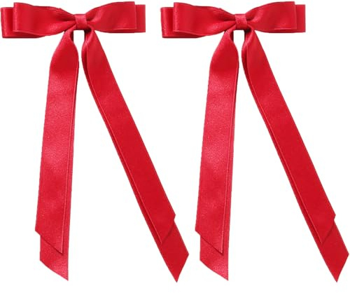 2Pcs Red Ribbon Bows for Hair Velvet Hair Bow Long Satin Ribbon Bows Hair Clip Strong Hold Bow Clips Hair Styling Clips for Girls