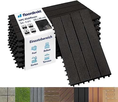 Floordirekt Piastrelle in WPC, 60 x 30 cm, 1 m² = 6 piastrelle per terrazze, piastrelle a clic, per balconi e terrazze, resistenti alle intemperie, con funzione di drenaggio, antracite, Royal