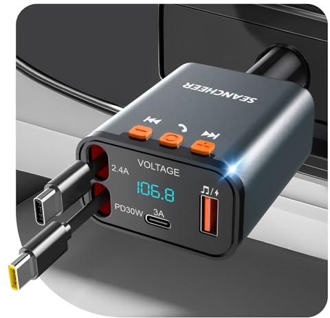 SEANCHEER Car Bluetooth Adapter & Car Charger USB C, 69W Cigarette Lighter Adapter with 2 Retractable Cables, FM Transmitter Bluetooth 5.3 for Handsfree Call, MP3 Player [Gray[USB-C+USB-C]]