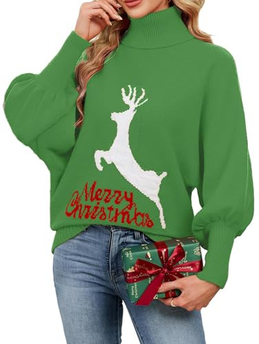 SunnyMelody Womens Cute Christmas Turtleneck Batwing Long Sleeve Oversized Sweaters for Women Fall Winter 2025 Holiday Party Funny Merry Letter Reindeer Xmas Knit Sweater Pullover Tops Green M
