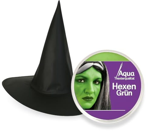 KarnevalsTeufel.de Hexenhut mit Schminkset – Halloween Kostümzubehör in Theaterqualität – Wahl zwischen Hexengrün oder Schminkset für Hexen (Hexenhut inkl. Hexengrün)