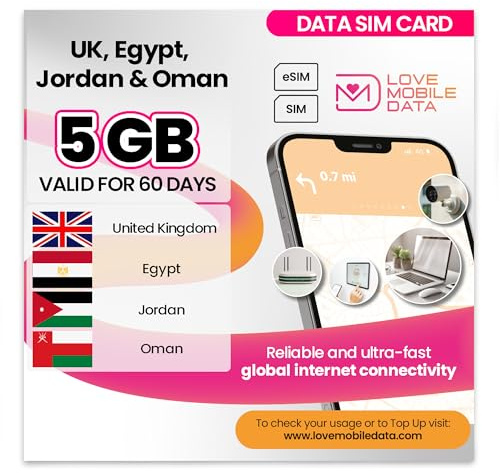 Love Mobile Data Only Sim Card - International Multi-Network 4G/5G Prepaid Pay As You Go Data Sim for Mobile Phones, WiFi Routers, & More, Egypt, Jordan, Oman & UK -5GB - 60 days