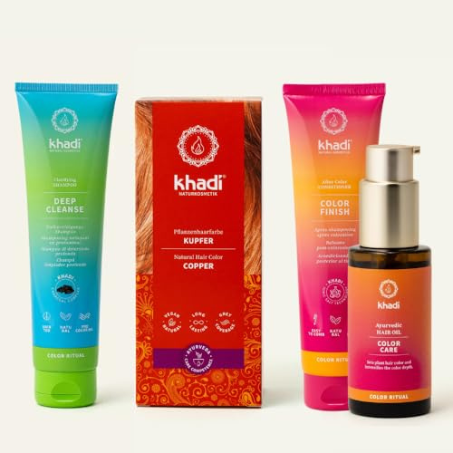 khadi Pflanzenhaarfarben ColorCycle Bundle – KUPFER Pflanzenhaarfarbe + Deep Cleanse Shampoo + Color Finish Conditioner + Color Care Haaröl