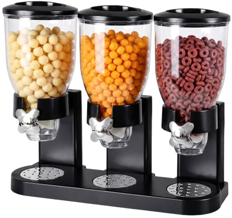 Cereal Dispenser Countertop 2L, Dreifacher Müslispender, Luftdichte Vorratsdosen mit Drehverschluss, Transparente Trockenkost-Spender Behälter für Müsli, Reis, Süßigkeiten, Kaffebohnen, Schwarz