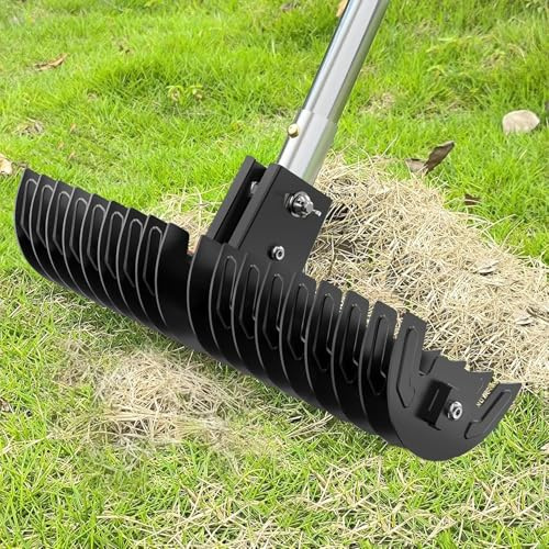 Rastrello per la rimozione del feltro erboso, rastrello scarificatore da 38 cm con rulli, efficiente rastrello in metallo d'acciaio, rastrello scarificatore regolabile da 0 a 15°, manico da 96,5 a 1