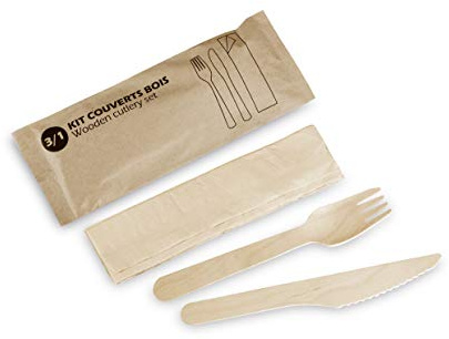 ALPHAFORM - Kit de 500 Couverts en Bois Avec Serviette, Fourchette et Couteau, Résistant et Recyclable, Idéal Pour Tous Types D'Aliments, Température 0°C À +80°C, Taille Standard, Couleur Naturelle