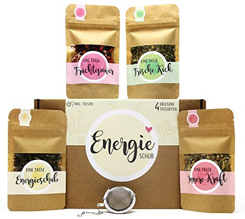 OWLBOOK® Tee Geschenkset Frauen - Energieschub - Tee Geschenke für Mama Oma Freundin als Geburtstagsgeschenk Muttertagsgeschenke | Teebox mit 4 Teesorten & Tee-Ei