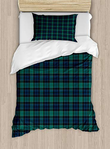 ABAKUHAUS Tartan Ensemble de Housse de Couette, Motif Folklore écossais, Décoratif 2 Pièces avec 1 Taie d'oreiller, 130 x 200 cm - 70 x 50 cm, Vert Foncé Noir