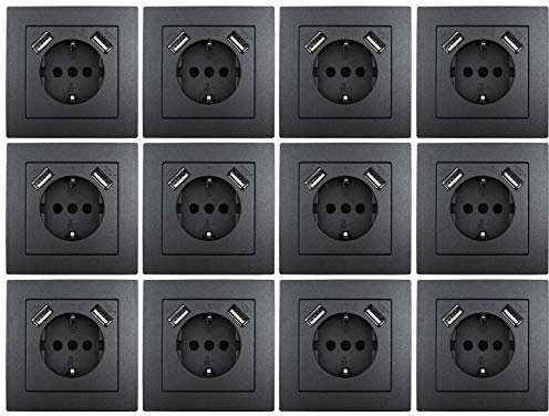 MC POWER - 12er Pack Steckdosen mit 2x USB + Rahmen | FLAIR | USB Steckdosen Set mit 1-fach Rahmen in anthrazit, matt