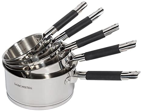 5 casseroles inox induction | Acier Inoxydable 18/8, Poignées Ergonomiques Silicone, Graduation Intérieure, Tous Feux + Four, Argenté et Noir