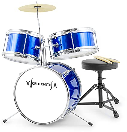 World Rhythm Kit de batería para niños - Juego de batería junior de 3 piezas, kit de batería para niños con trono y baquetas