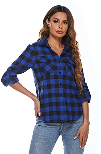Ietaoo Blusas y Camisas,Camisa Franela Cuadros Mujer Manga Larga Algodón Blusa Casual Boyfriend Elegante Shirt Camisas Chaqueta con Bolsillo Azul M