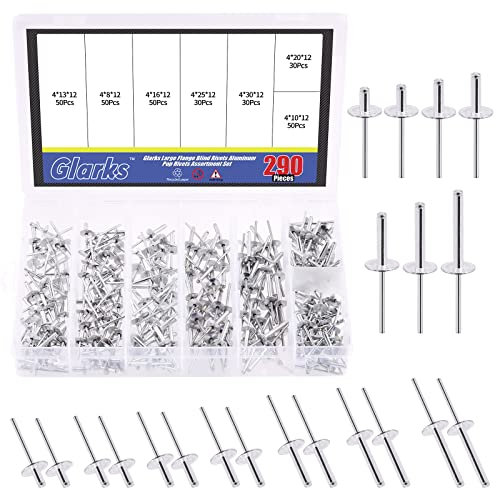 Glarks Set di 290 rivetti per ciechi in alluminio con flangia grande per unire tubi in metallo per autoveicoli