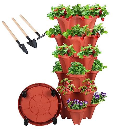 GameXcel Jardinière verticale empilable à 6 niveaux pour fraises, herbes, fleurs et légumes, pots de jardinage d'intérieur et d'extérieur avec roues amovibles et outils