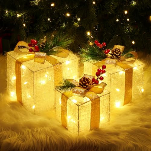Quntis Luces de Cajas de Regalo de Decoración Navideña para Árbol de Navidad/Escaparate Hogar, Juego de 3 Cajas de Luz Decoración de Interiores, 60 LEDs Cajas de Iluminación Navideña para Exteriores