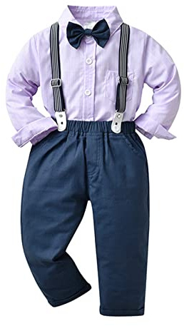 Volunboy Gentlemannakostym för bebispojkar, formell skjorta med fluga för bebis + hängselbyxor, outfit med 4 delar, Ren lila, 5-6 År