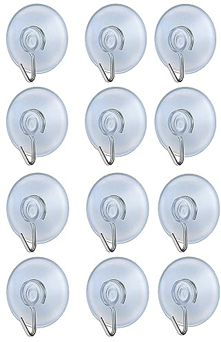 fiXte Suction Cup Hooks Clear PVC Sucker Pads 45mm Kitchen Wall Hangers Window Sucker Hook No Drill for Glass Tile Door Bathroom Shower Christmas Lights Hanging Wreath (Pack of 12)