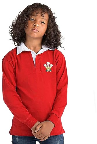 Barn walesisk klassisk rugbytröja jersey broderad prins av Wales fjädrar jersey cymru pojkar, Röd, 9-10 År