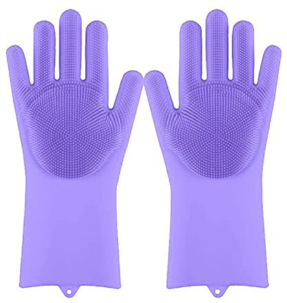 DUnLap Cleaning Gloves Magic Silicone Dishwashing Gloves Scrubber Dish Washing Sponge Rubber Scrub Gloves Kitchen Cleaning Tools 1 Pair Soft Eco Friendly Cleaning Gloves(Light Purple)