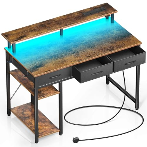 Rolanstar Bureau avec Rangement 100 cm - Table Ado avec 3 Tiroirs, LED RGB et Prises de Courant - Bureaux pour Ordinateur à Domicile, Marron