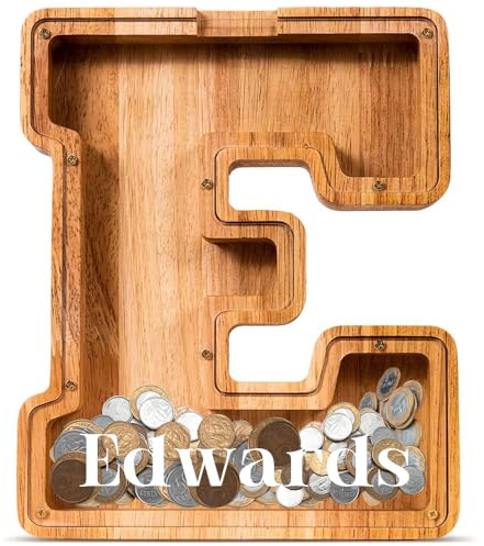 Custom Holz Buchstaben Spardose Kinder|Personalisierte Name|Kreative Sparschwein für Jungen und Mädchen|Adult für Alphabet|Weihnachten|Geburtstag|Dekoration|School Enrolment Gift (E)