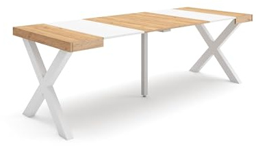 Skraut Home | Table Console Extensible | Console Meuble | 220 | pour 10 Personnes | Pieds Bois Massif | Style Moderne | Chêne et Blanc