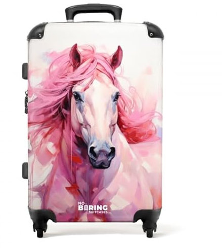 NoBoringSuitcases.com Kinderkoffer, Kinderkoffer Mädchen, Koffer Groß, Koffer Kinder, TSA Schloss, Kindertrolley Mädchen, Koffer 20kg Gepäck, Koffer Mittelgroß (Pferd von vorne - Rosa, 67 cm - 72 L)