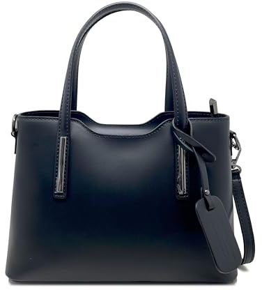 Chicca Borse Borsa a Mano Elegante Donna in Pelle Italiana Rigida Taglia Media con Tracolla (Nero - Nero)